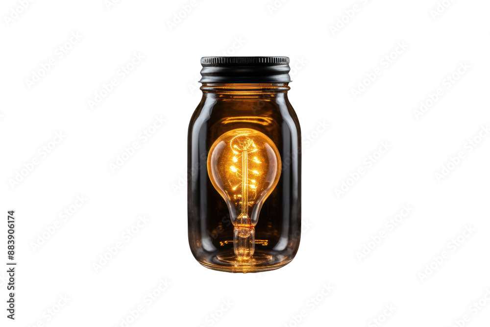 An LED light bulb placed inside a glass jar, creating a miniature glowing lantern, isolated on a white background An LED light bulb placed inside a glass jar, creating a miniature glowing lantern, isolated on a white background