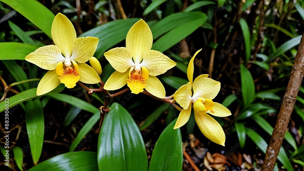 Three yellow orchids in bloom with green leaves in the background. Three yellow orchids in bloom with green leaves in the background.