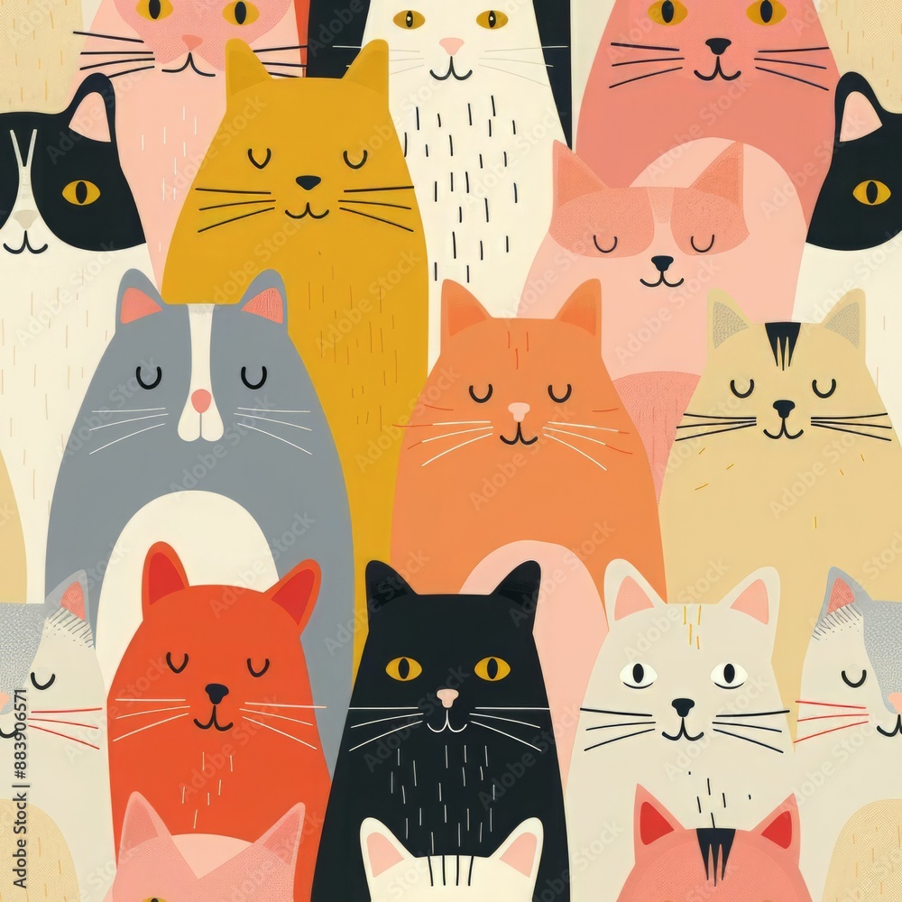 A seamless pattern of colorful cartoon cats with various expressions. Perfect for pet-themed projects. A seamless pattern of colorful cartoon cats with various expressions. Perfect for pet-themed projects.