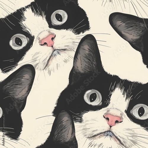 A seamless pattern of black and white cat faces with big eyes, looking up with curiosity.