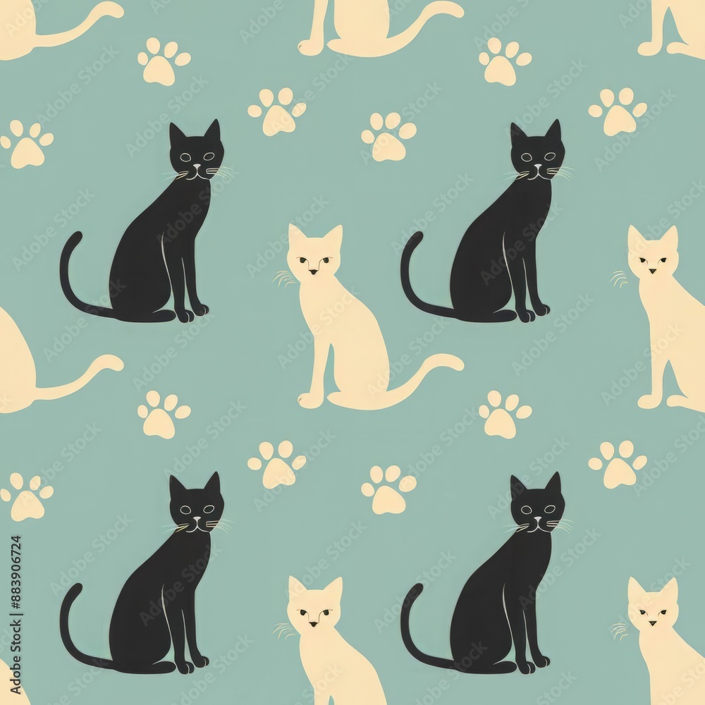Seamless pattern of black and white cats with paw prints on a blue background. Seamless pattern of black and white cats with paw prints on a blue background.