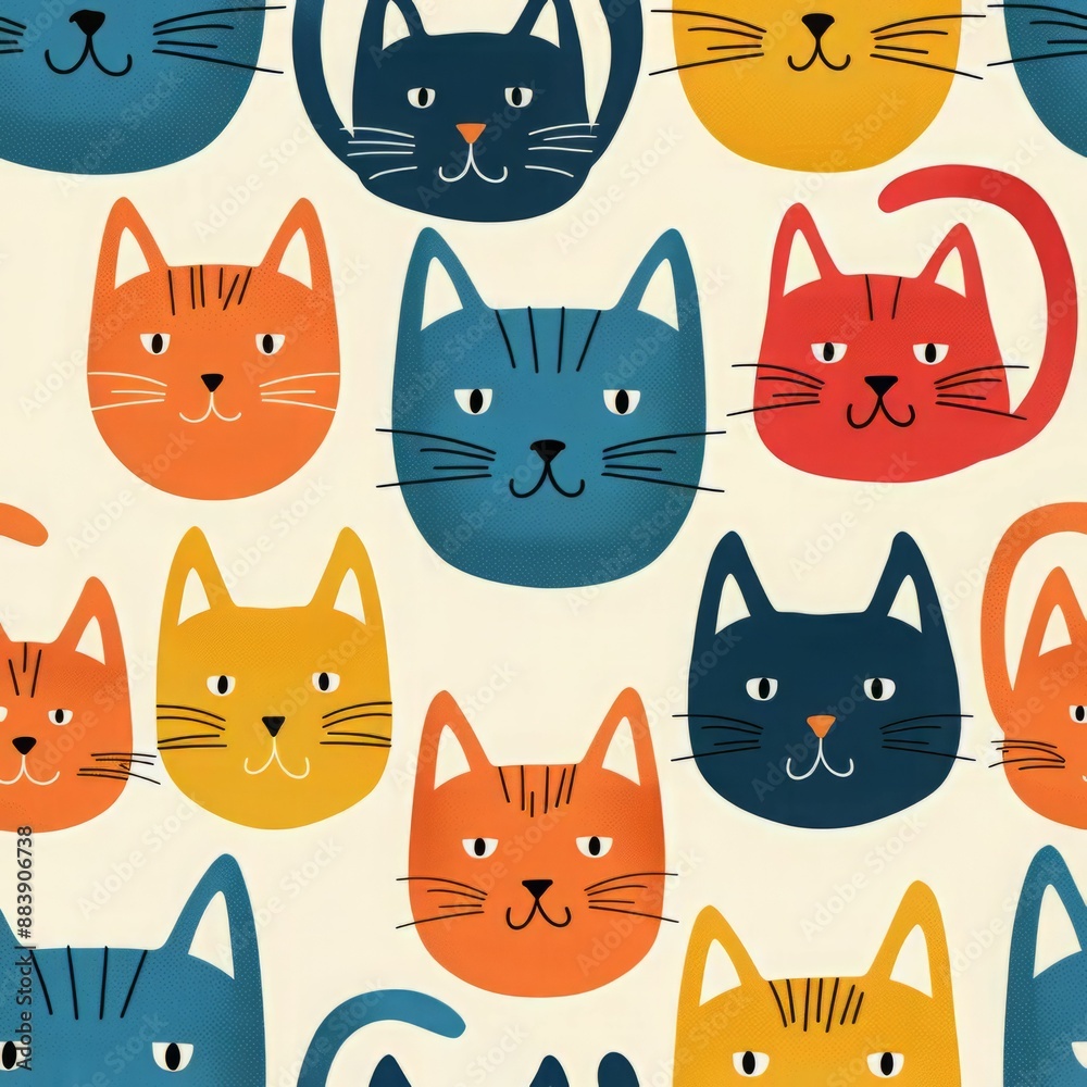 Seamless pattern of colorful cat faces on a light background. Perfect for fabric, wallpaper, or wrapping paper. Seamless pattern of colorful cat faces on a light background. Perfect for fabric, wallpaper, or wrapping paper.