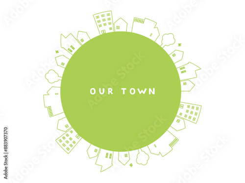 円状に配置した家や建物など町並みのイラストセット