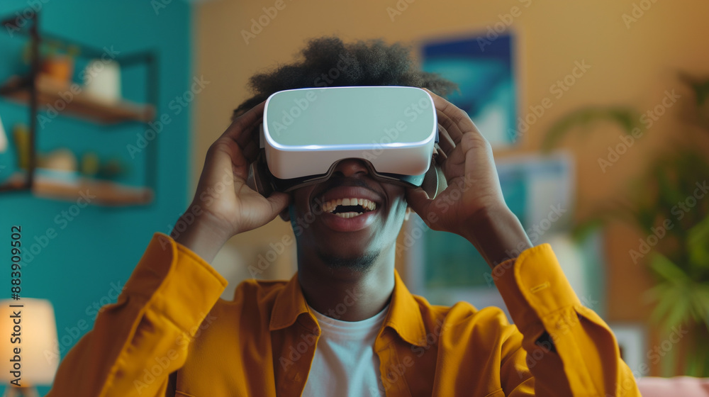 Happy man using a VR headset and looking at online market hologram and shopping online with shopping bag Icons with neon background technological innovation Happy man using a VR headset and looking at online market hologram and shopping online with shopping bag Icons with neon background technological innovation