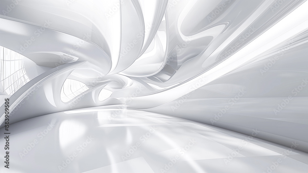 Fototapeta premium 3D rendering. Abstract background with abstract curved landscape. White wavy shapes, wavy, architectural abstraction banner template, modern blurred curves.