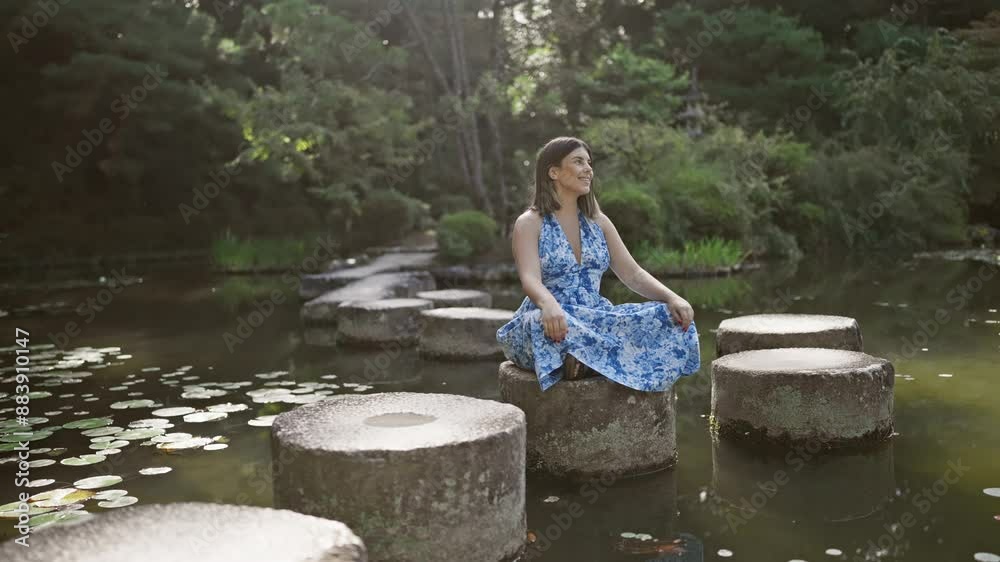 Beautiful hispanic woman sitting on a stone path, taking in nature's green summer splendor by a serene lake at heian jingu, kyoto - a divine journey, looking around traditional japanese temple Beautiful hispanic woman sitting on a stone path, taking in nature's green summer splendor by a serene lake at heian jingu, kyoto - a divine journey, looking around traditional japanese temple