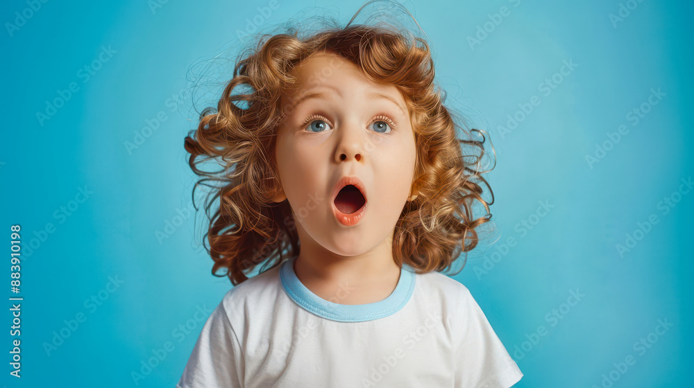 A Child's Moment of Pure Joy and Surprise Against a Blue Background A Child's Moment of Pure Joy and Surprise Against a Blue Background
