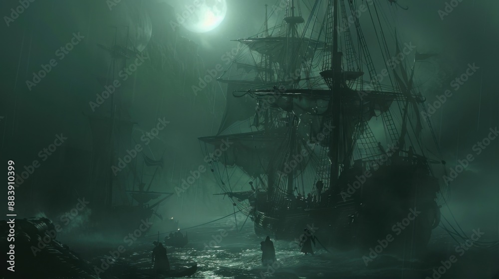 Phantom Pirates Sailing the Moonlit Sea - Spooky Ghostly Crew on Spectral Ship in Eerie Atmosphere Phantom Pirates Sailing the Moonlit Sea - Spooky Ghostly Crew on Spectral Ship in Eerie Atmosphere