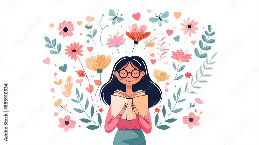 A woman is reading a book in a flowery background. The flowers are in various colors and sizes, and they surround the woman. Concept of relaxation and tranquility A woman is reading a book in a flowery background. The flowers are in various colors and sizes, and they surround the woman. Concept of relaxation and tranquility