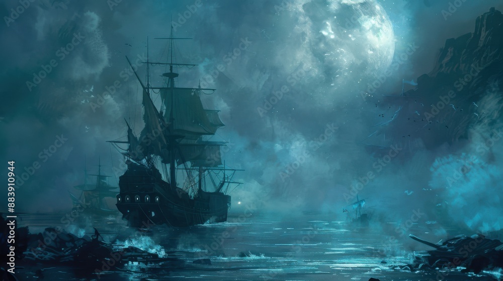 Fototapeta premium Haunting Encounter: Ghostly Pirate Crew on Spectral Ship Sailing the Moonlit Sea in Eerie Atmosphere