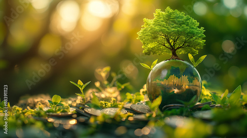 Glass globe with growing tree and coins Green nature blurred background green business investment ideas Savings and financial growth, environment, society and good governance in business.