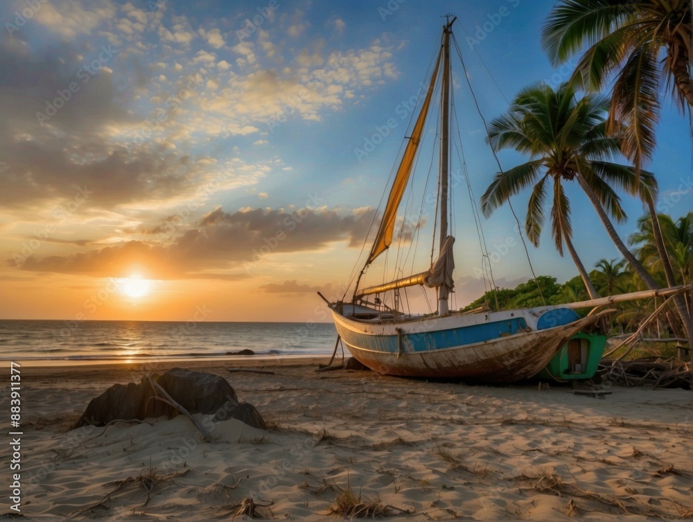 Fototapeta premium Sailboat resting on a sandy beach at sunset. AI.