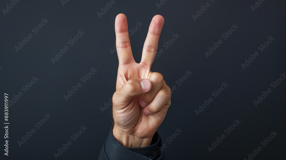 Business hand showing a peace sign against dark background, negotiation success Business hand showing a peace sign against dark background, negotiation success