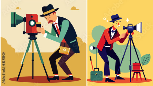 Old-Fashioned Photographer Setting Up a Shot with a Tripod