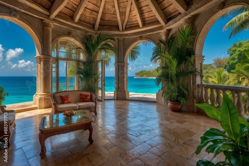 A beautiful view of the tropical sea from a luxury villa. AI. © serg3d