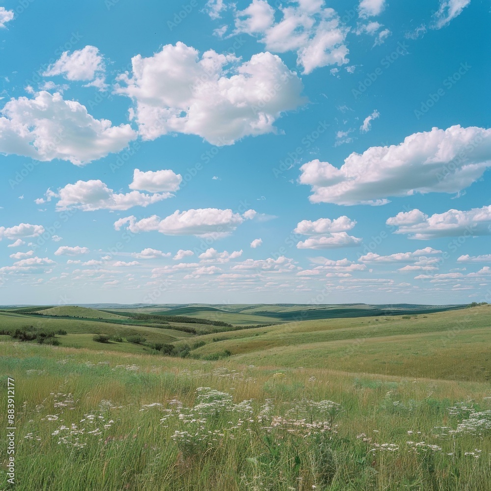 Obraz premium A beautiful landscape of a green field with white flowers under a blue sky with white clouds. AI.