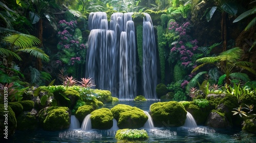 A pristine waterfall cascading down moss-covered rocks into a crystal-clear pool surrounded by lush vegetation and flowering plants.