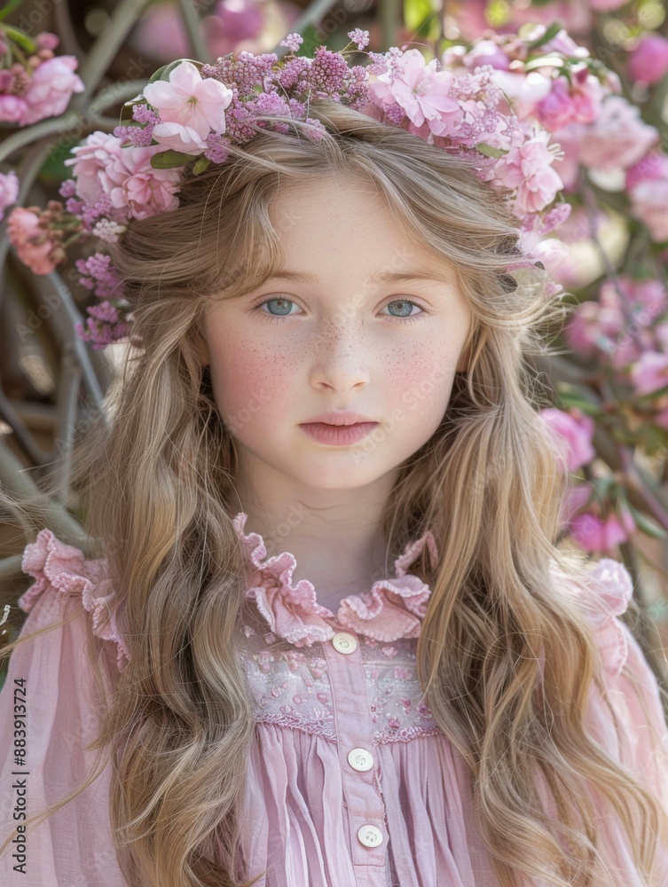 Portrait of a beautiful girl with long blond hair wearing a crown of pink flowers. AI. Portrait of a beautiful girl with long blond hair wearing a crown of pink flowers. AI.