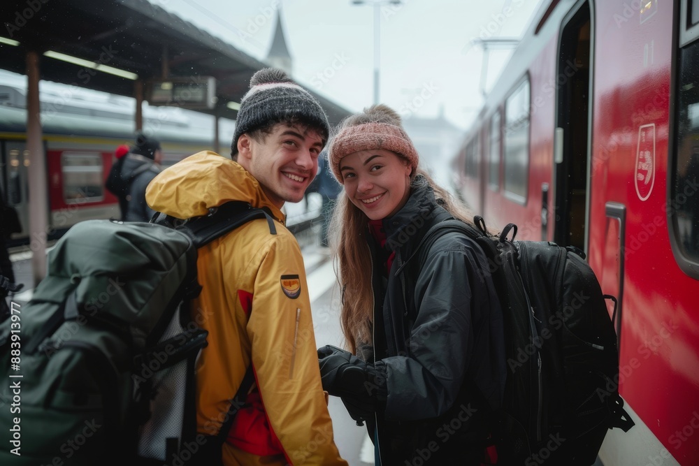 Two friends are looking excited to be boarding a train, commuting to their next destination Two friends are looking excited to be boarding a train, commuting to their next destination