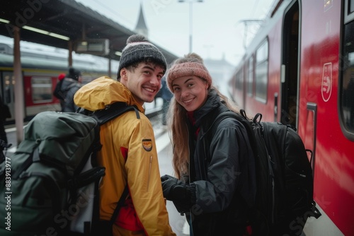 Two friends are looking excited to be boarding a train, commuting to their next destination © alisaaa