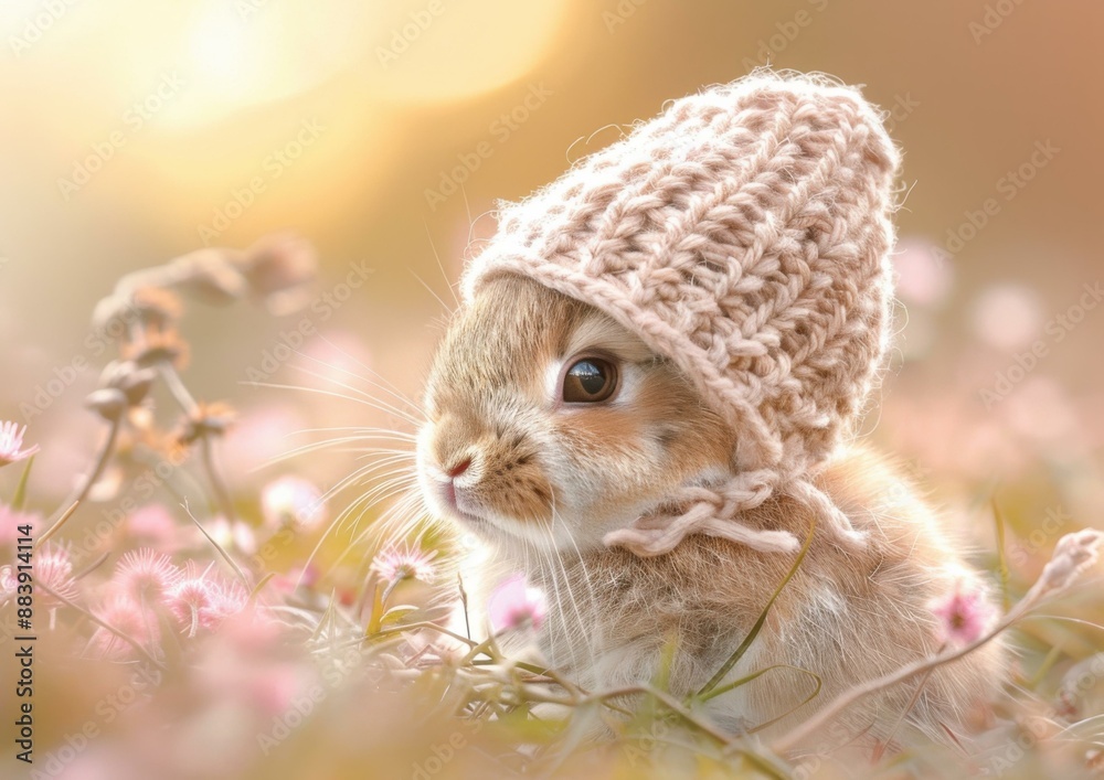 Cute baby bunny wearing a knitted hat in a field of flowers. AI. Cute baby bunny wearing a knitted hat in a field of flowers. AI.