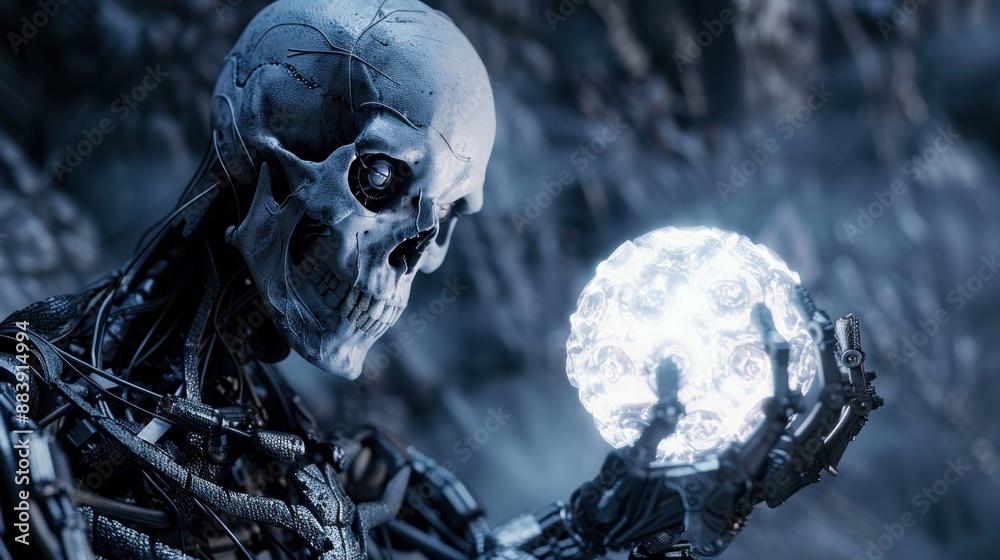Cybernetic Skeleton Holding a Glowing Sphere Cybernetic Skeleton Holding a Glowing Sphere