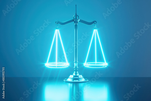 Digital representation of justice scales in a futuristic blue background, symbolizing balance and legal concepts in modern technology.