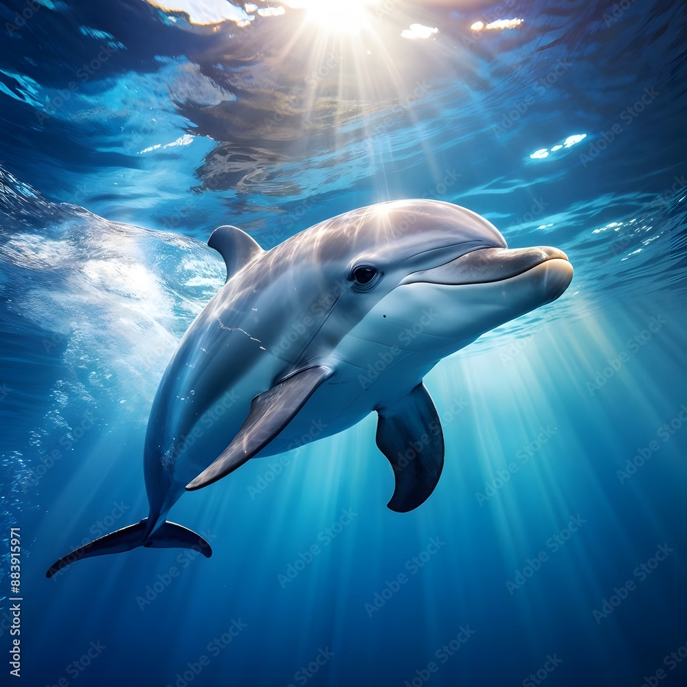 Naklejka premium Dolphin gliding gracefully underwater, AI Generated