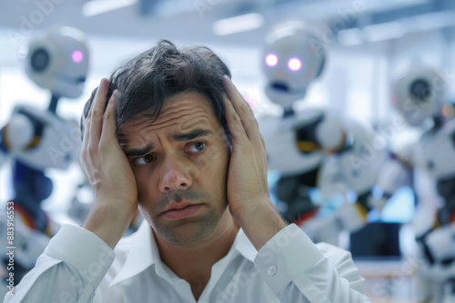 Frustrated worker surrounded by robots, highlighting workplace automation challenges and tech impact.