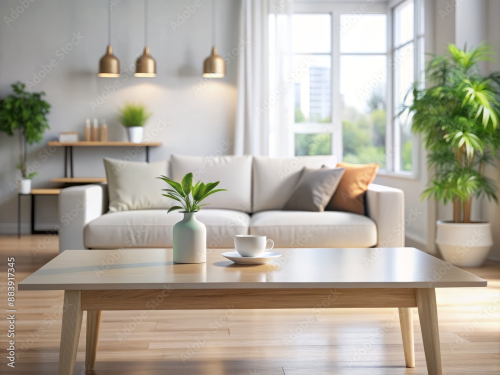 Empty white table with a clean surface in front of a blurred contemporary living room with a sofa, lamp, and plants, ideal for product placement. Empty white table with a clean surface in front of a blurred contemporary living room with a sofa, lamp, and plants, ideal for product placement.