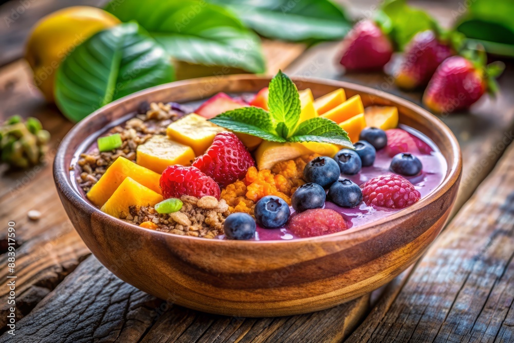 Vibrant colors of exotic fruits and granola toppings adorn a nutritious smoothie bowl, artfully arranged on a rustic wooden table against a blurred natural background.