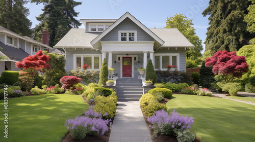 A front yard witha lush emerald green lawn