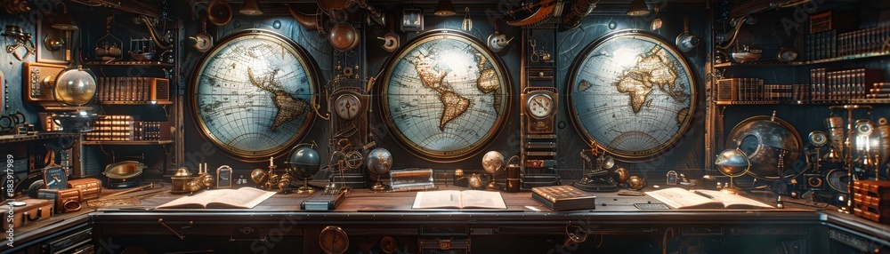 Fototapeta premium Steampunk explorers library, maps, globes, brass instruments, and hidden doors