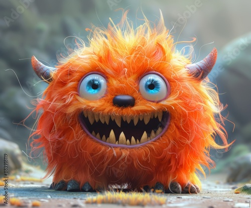 Cute orange fluffy cartoon character monster. A funny fictional animal.