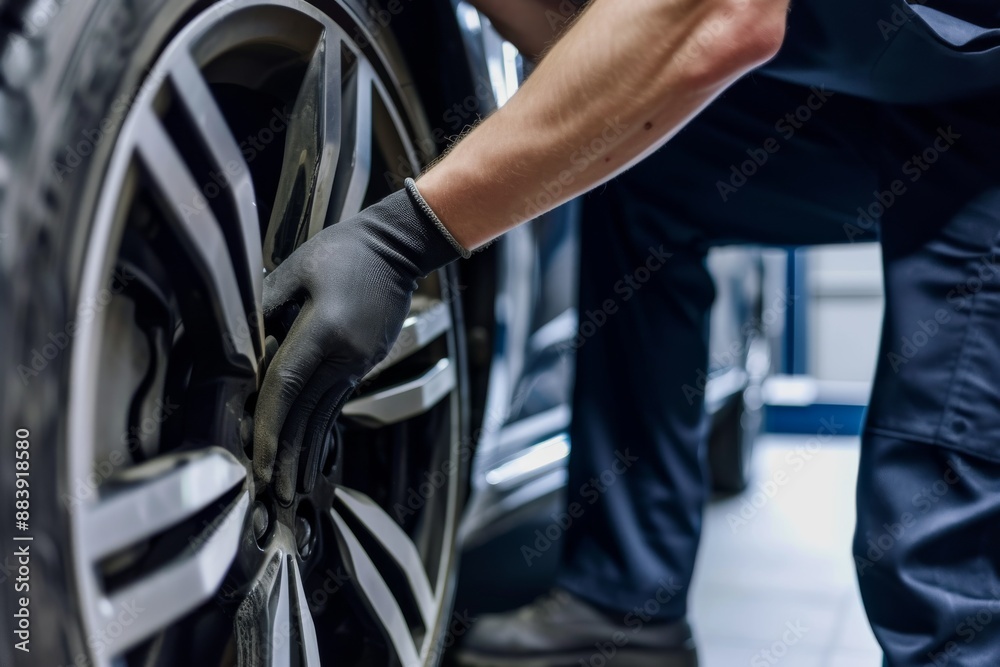 Hands of mechanic changing a wheel of a modern car Photo of a young Unrecognizable auto mechanic in uniform is examining a tire while working in auto service. Mechanic Holding Car Tire At Garage. Hands of mechanic changing a wheel of a modern car Photo of a young Unrecognizable auto mechanic in uniform is examining a tire while working in auto service. Mechanic Holding Car Tire At Garage.