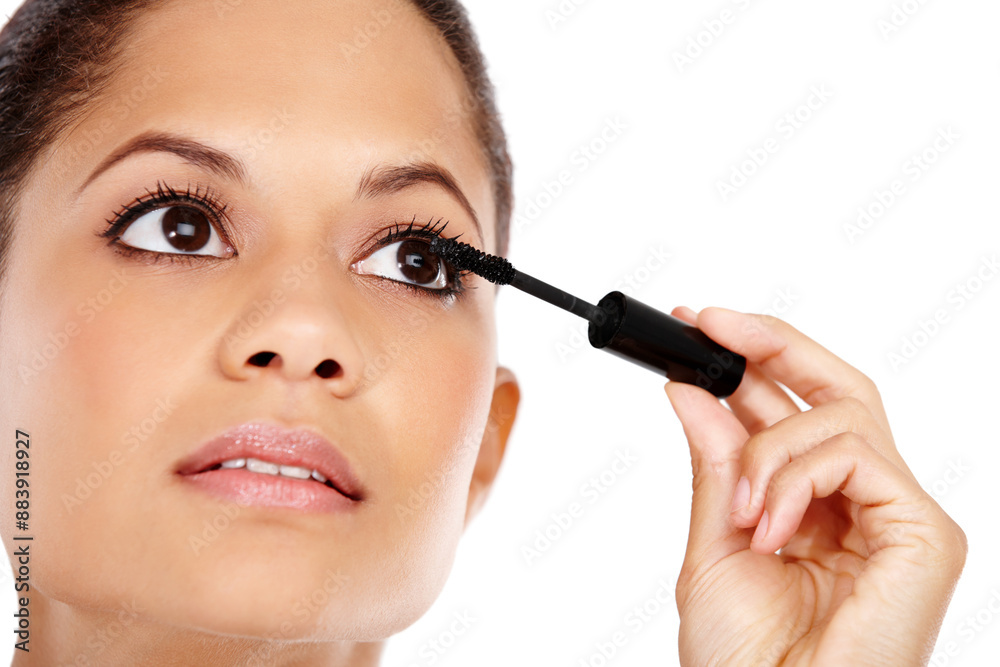 Woman, mascara wand and lashes in studio for beauty, makeover and application on white background. Female person, cosmetic tool and skincare for grooming, makeup treatment and brush for dermatology Woman, mascara wand and lashes in studio for beauty, makeover and application on white background. Female person, cosmetic tool and skincare for grooming, makeup treatment and brush for dermatology