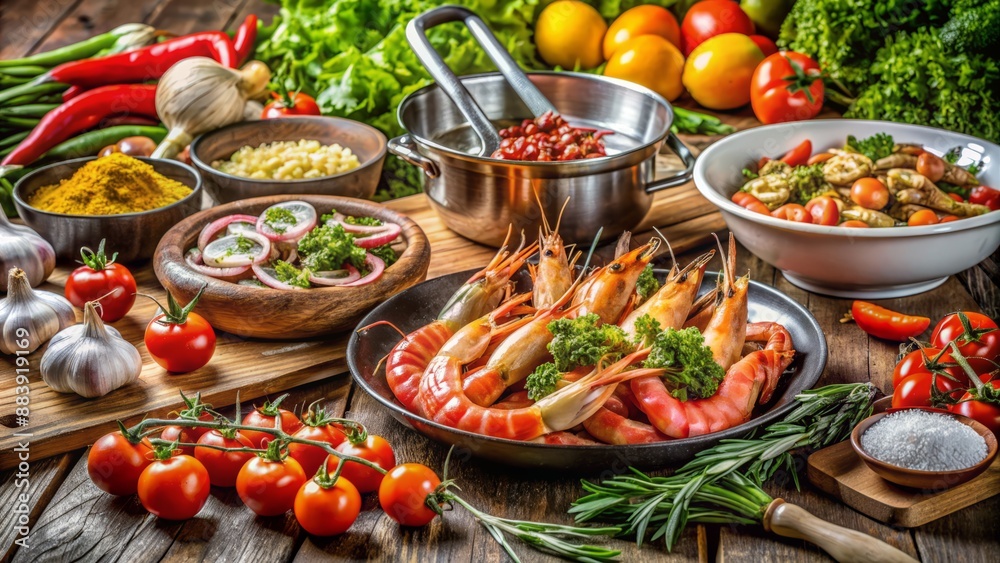 Freshly prepared shrimp dishes, vegetables, and gourmet ingredients creatively arranged on a kitchen counter, surrounded by cooking utensils and appliances. Freshly prepared shrimp dishes, vegetables, and gourmet ingredients creatively arranged on a kitchen counter, surrounded by cooking utensils and appliances.