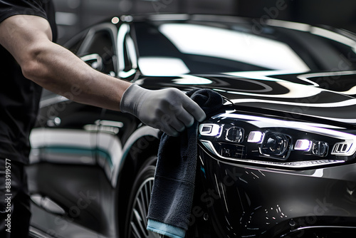 Professional Car Detailer Cleaning the Exterior of an Elegant Black Luxury Vehicle with a Soft Cloth