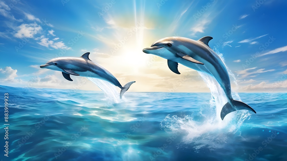 Dolphins leaping gracefully from the cerulean depths mid-air arcs above shimmering sea, AI Generated Dolphins leaping gracefully from the cerulean depths mid-air arcs above shimmering sea, AI Generated