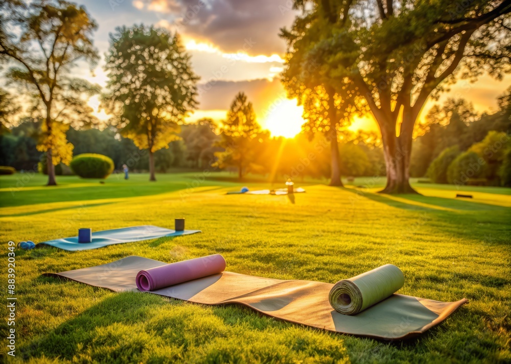 Fototapeta premium Warm golden light of sunset illuminates a serene park setting with a yoga mat and props arranged for a peaceful group practice session.