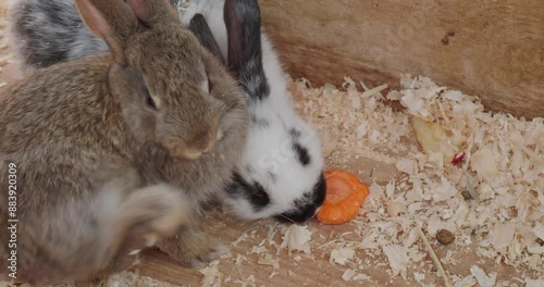 Close-up of little rabbits eating vegetables on a soft bed of sawdust at the zoo. Cute little rabbits nibble carrots in a petting zoo. Fluffy little rabbits in a petting zoo.