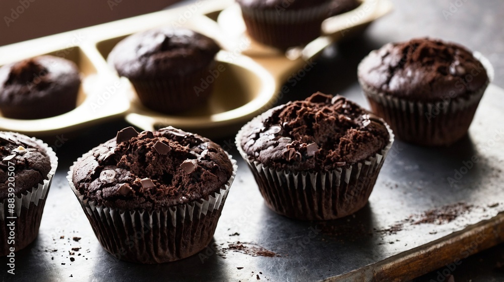 Decadent Chocolate Muffins on Dark Background Decadent Chocolate Muffins on Dark Background