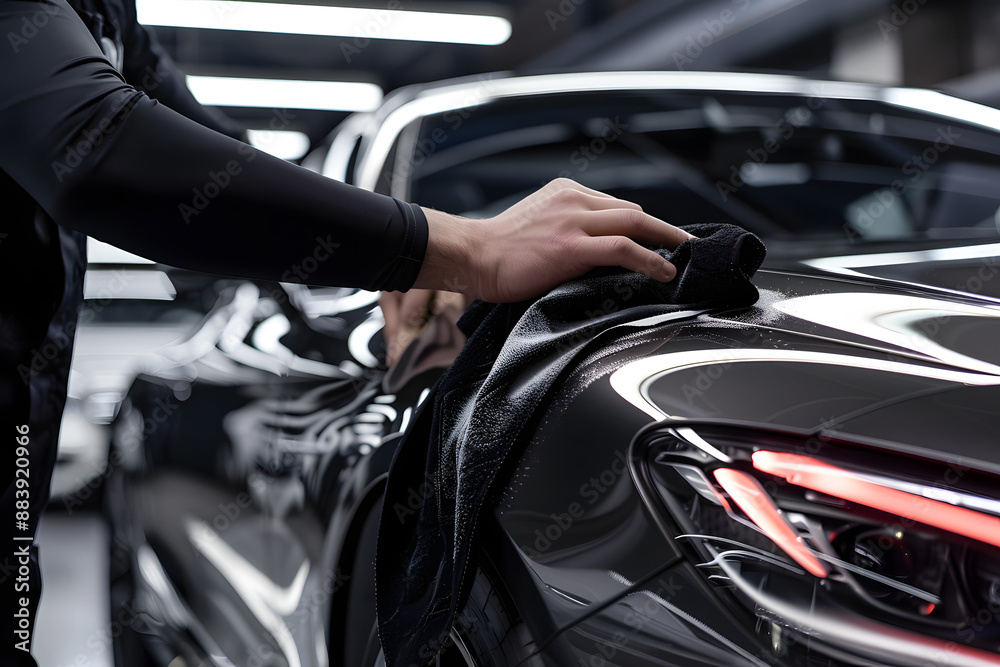 Professional Car Detailer Cleaning the Exterior of an Elegant Black Luxury Vehicle with a Soft Cloth Professional Car Detailer Cleaning the Exterior of an Elegant Black Luxury Vehicle with a Soft Cloth