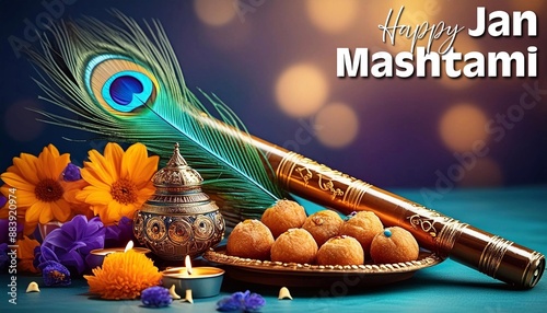 Happy Janmashtami Banner Template. Traditional Poster Design for Hindu Festival Shree Krishna photo