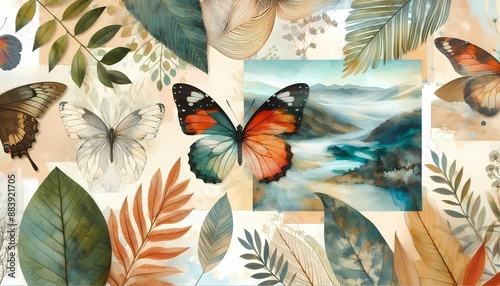 A nature-inspired collage art background with leaf prints, butterfly wings, and watercolor landscapes photo