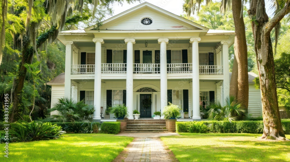 Fototapeta premium Colonial-style home exterior with a symmetrical facade and a porch.