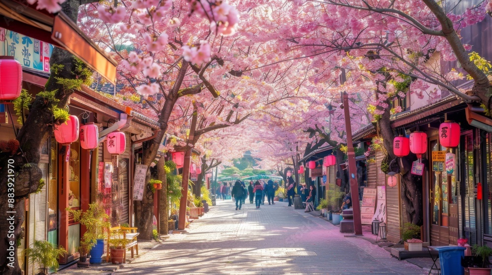 Fototapeta premium Cherry blossom lined street in Japan.