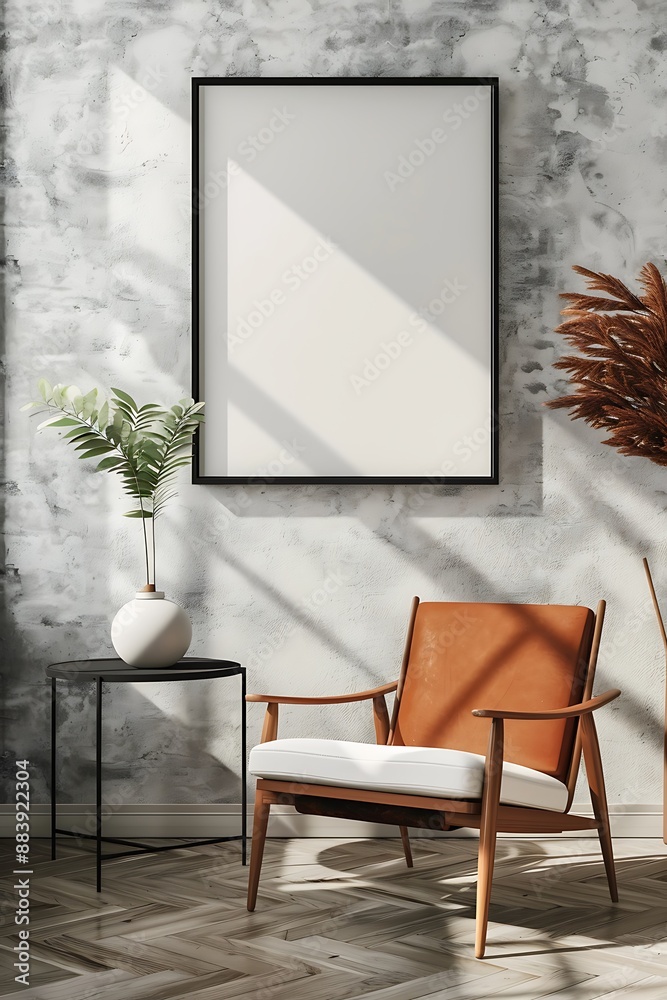 empty picture frame mockup on white wall in minimalist interior design. modern armchair with white cushions. empty picture frame mockup on white wall in minimalist interior design. modern armchair with white cushions.