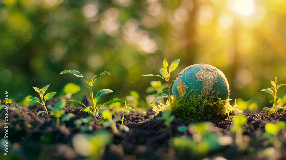 Glass globe with growing trees and green nature blurred background. Eco Earth Day concept Environment Day and World Earth Day Glass globe with growing trees and green nature blurred background. Eco Earth Day concept Environment Day and World Earth Day