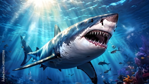 Great white shark mouth agape revealing a multitude of serrated teeth navigating the sapphire dept, AI Generated